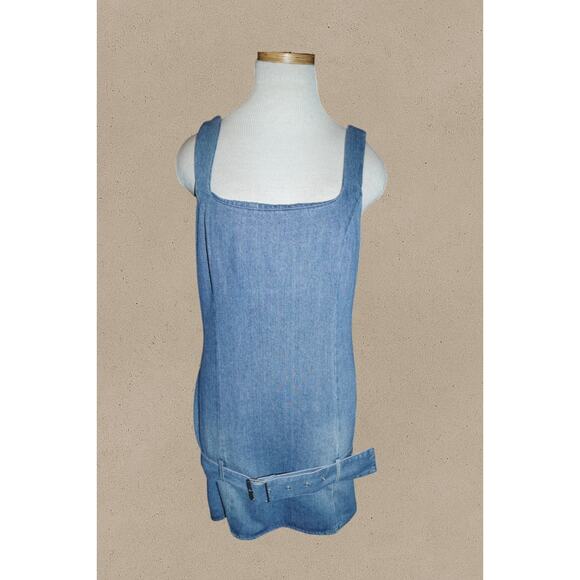 LE LIS Denim Mini Dress M Belted Tank Sleeveless Square Neck Blue Y2K Casual - Picture 8 of 16